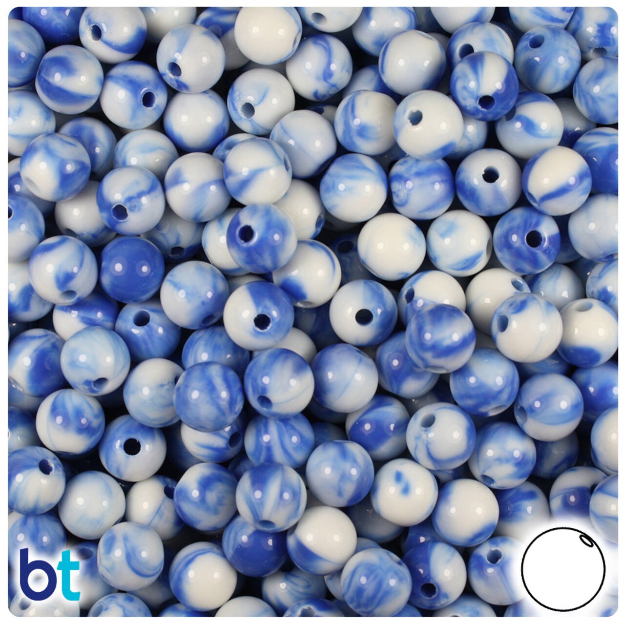 BeadTin Blue Marbled 8mm Round Plastic Craft Beads (150pcs)